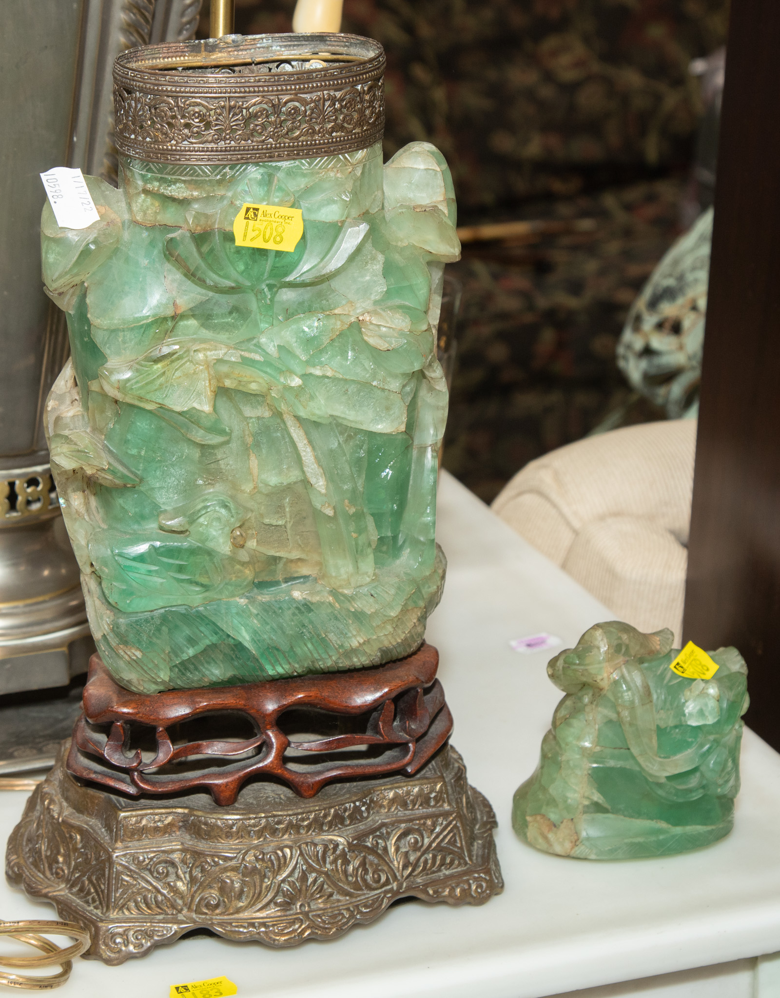 Appraisal: CHINESE GREEN FLOURITE URN MOUNTED AS A LAMP st half