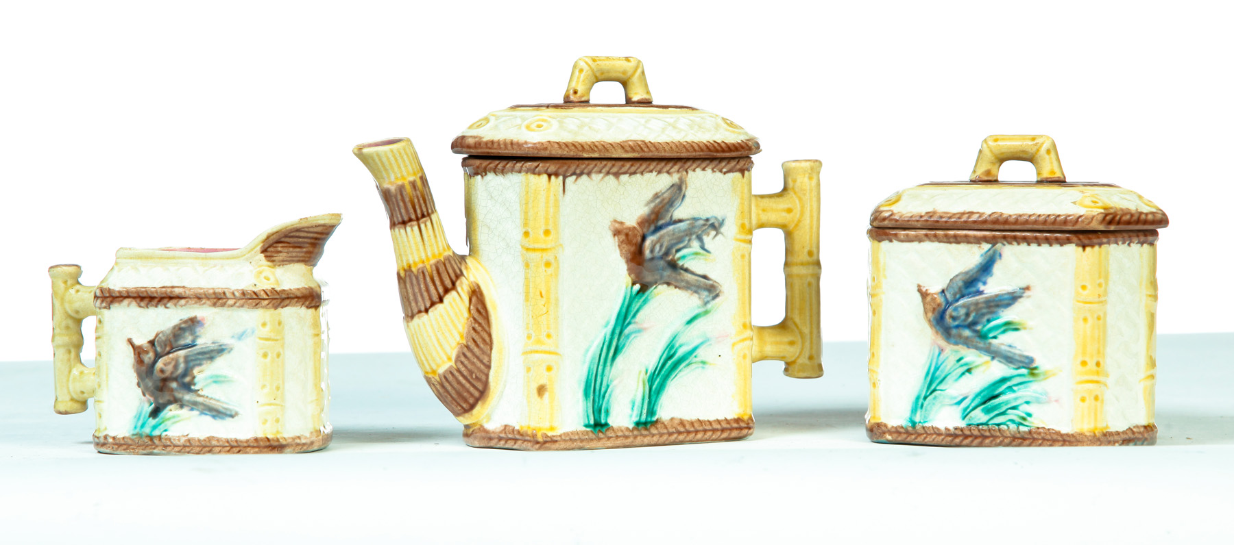 Appraisal: THREE-PIECE ETRUSCAN MAJOLICA TEA SET Fourth quarter- th century Bamboo