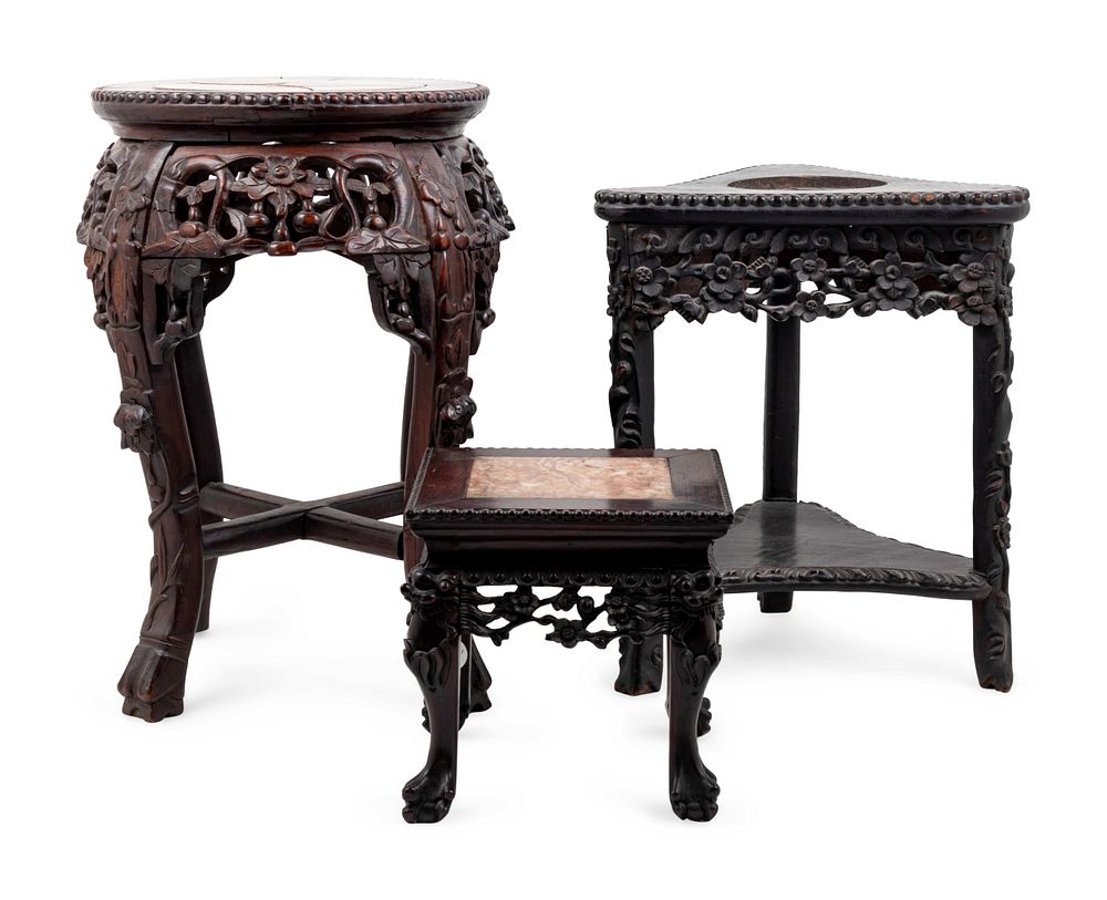 Appraisal: Three Chinese Carved Hardwood Stands Three Chinese Carved Hardwood Stands