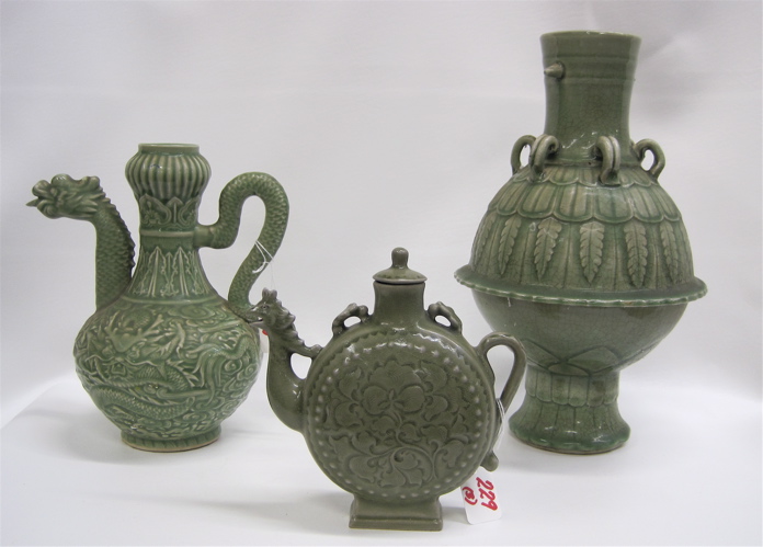 Appraisal: THREE CHINESE PORCELAIN GREEN FIELD PIECES pitcher with dragon spout