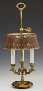 Appraisal: Bronze and Brass Plated Three Light Bouillotte Lam Bronze and