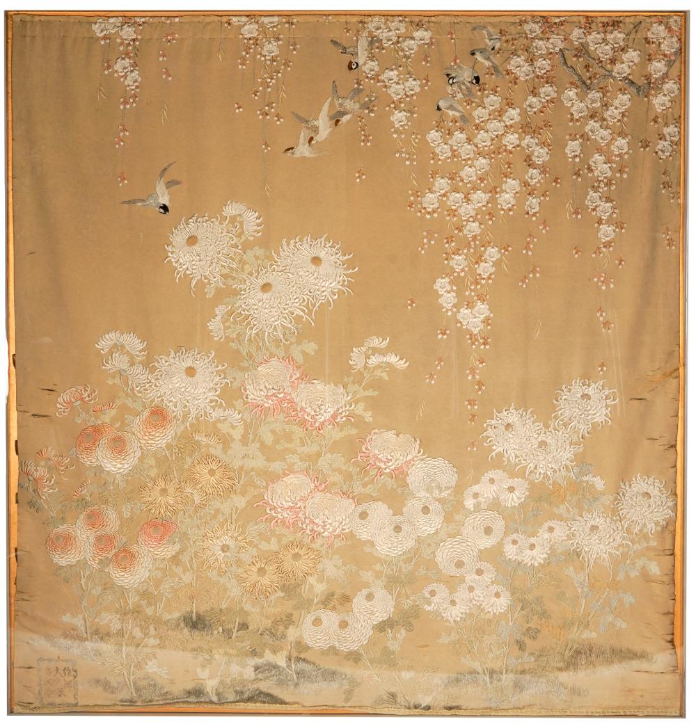 Appraisal: LARGE JAPANESE EMBROIDERED PANELworked in silk nailed to backing panel