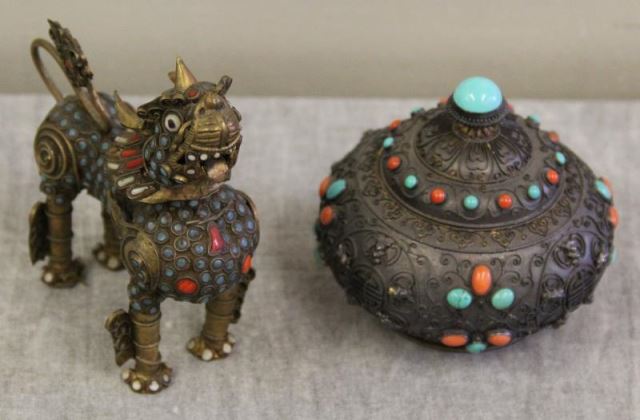 Appraisal: Asian Silver Grouping includes a silver foo dog with inlaid