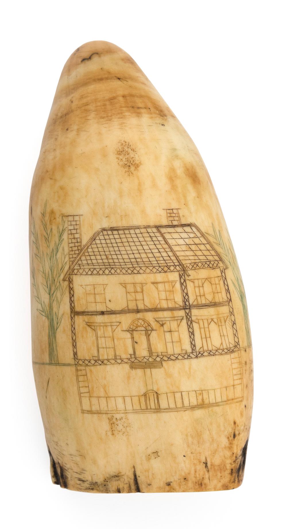 Appraisal: POLYCHROME SCRIMSHAW WHALE'S TOOTH DEPICTING HOUSES TH CENTURY LENGTH POLYCHROME