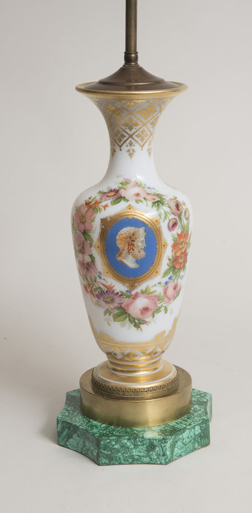 Appraisal: CONTINENTAL ENAMELED AND GILT WHITE OPALINE VASE MOUNTED AS A