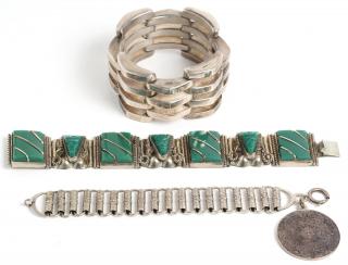 Appraisal: Bold Mexican Silver Bracelets inc Aztec Motifs One with stones