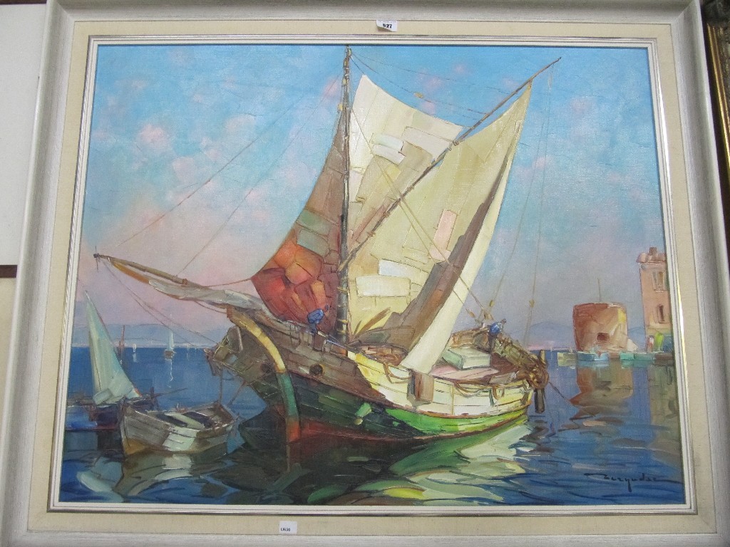 Appraisal: ELI BERNADAC Oil on canvas of a Mediterranean fishing boat