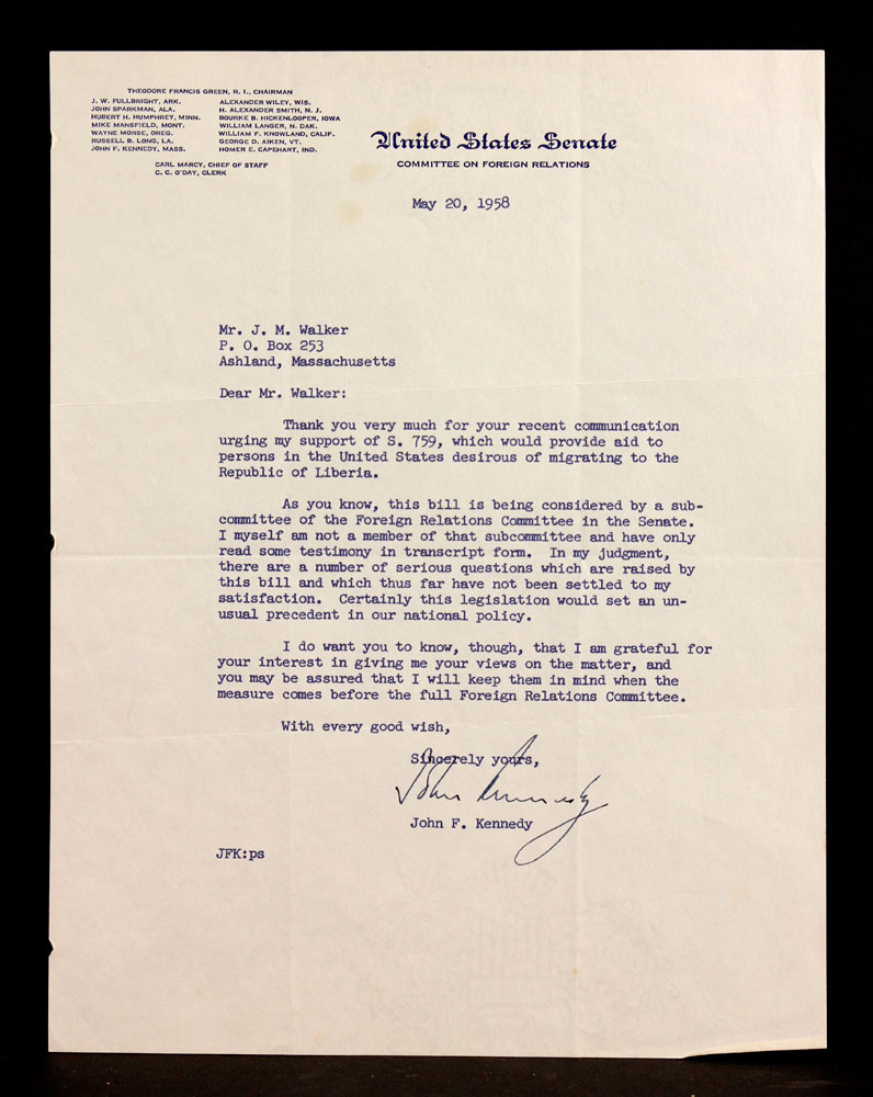 Appraisal: - Signed Kennedy Letter John F Kennedy letter signed by