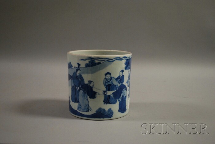 Appraisal: Asian Blue-and-White Porcelain Brush Pot with scenes of scholars marked