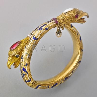 Appraisal: VICTORIAN JEWELED ENAMELED EAGLE BYPASS BRACELET k gold twice-hinged semispherical