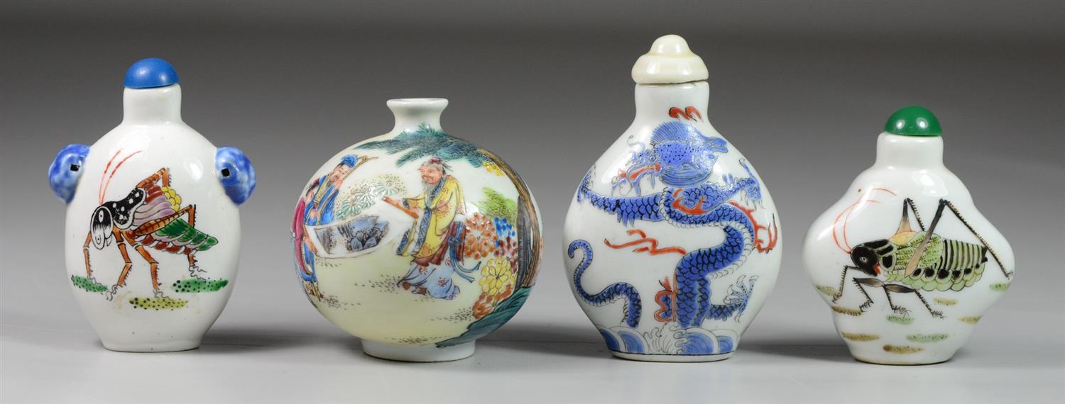 Appraisal: Porcelain Chinese snuff bottles grasshoppers dragon artists tallest one signed