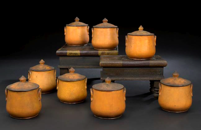 Appraisal: Set of Eight French Provincial Pumpkin-Glazed Pottery Covered Two-Handled Soup