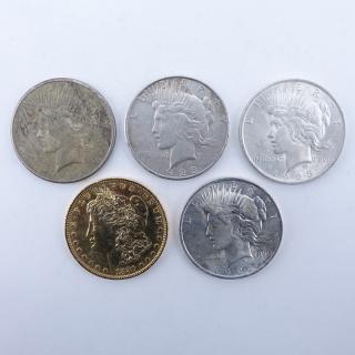 Appraisal: Collection of Five U S Silver Dollars Includes four Peace