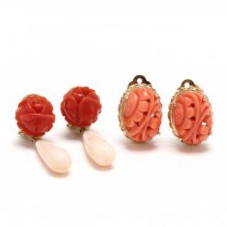 Appraisal: Two Pairs of Vintage Gold and Coral Earrings the first