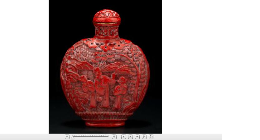 Appraisal: Chinese carved cinnabar on copper snuff bottle Wide baluster bottle