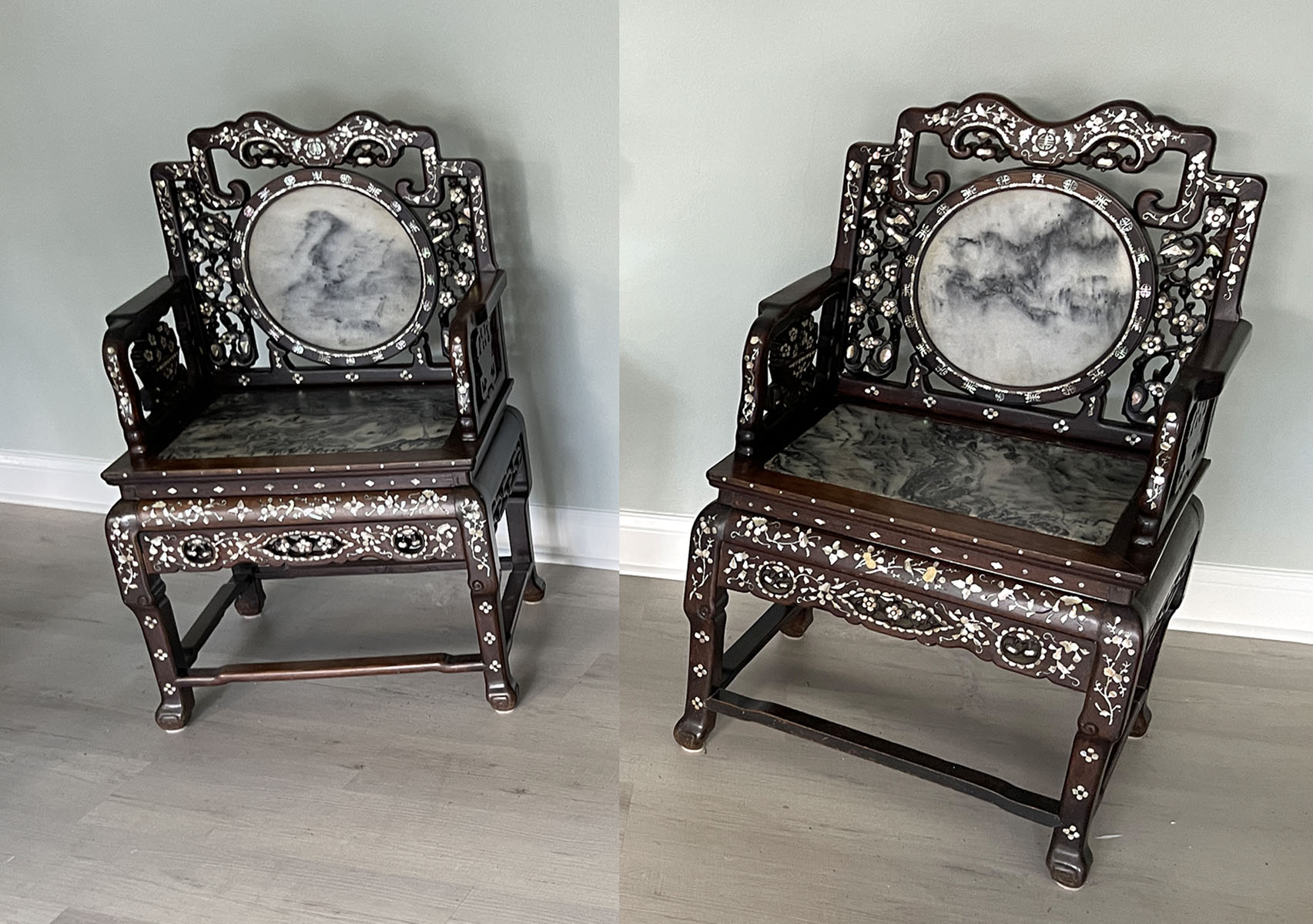 Appraisal: PR CHINESE QING DYNASTY INLAID HONGMU CHAIRS Pair of mod-late