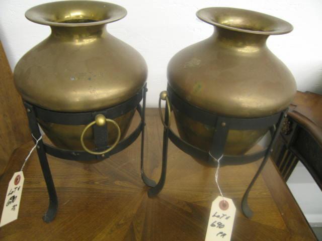 Appraisal: Pair of Brass Vases in Iron Holders