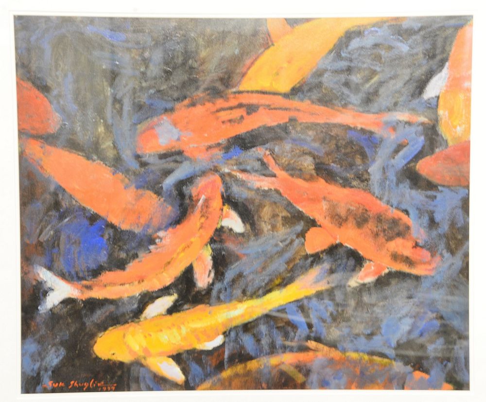 Appraisal: Suk Shuglie acrylic on canvas board Koi signed and dated