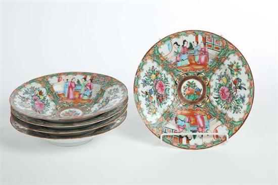 Appraisal: FIVE ROSE MEDALLION SOUP BOWLS With people congregating and bird