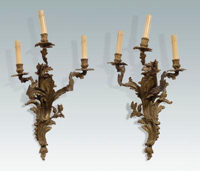 Appraisal: Pair brass rococo style sconces electrified each about in including