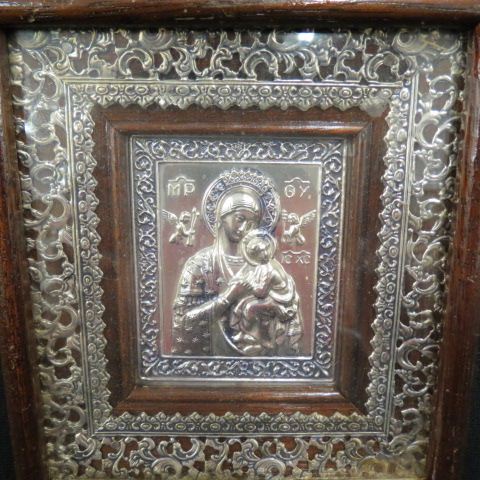 Appraisal: Silver Icon Madonna Child wooden shadow box frame X overall