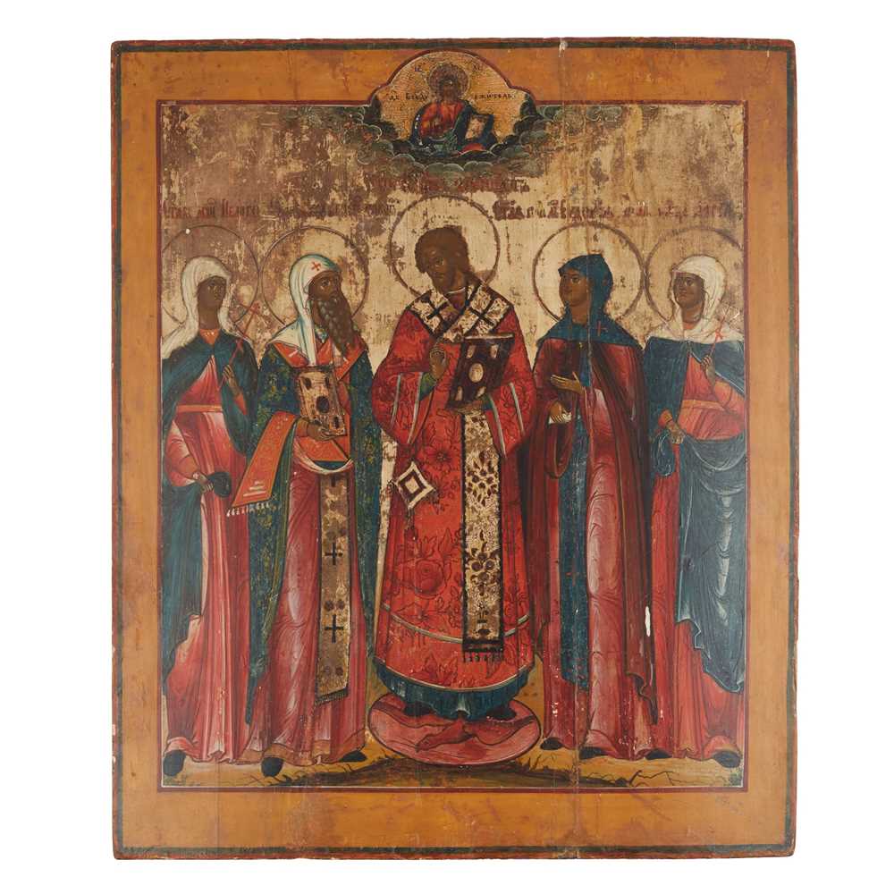 Appraisal: RUSSIAN ICON SAINT JOHN CHRYSOSTOMOS TH CENTURY flanked by attendant