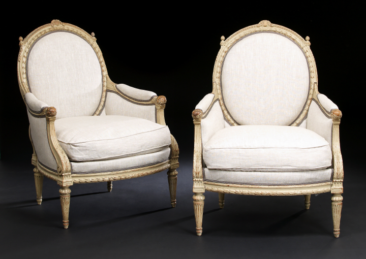 Appraisal: Good Pair of Louis XVI-Style Polychromed Bergeres third quarter th