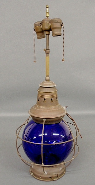 Appraisal: - Brass and blue glass nautical masthead lantern converted to