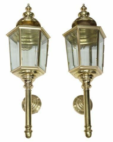 Appraisal: pair Brass-framed carriage lanterns lamps hexagonal lantern frame accented with