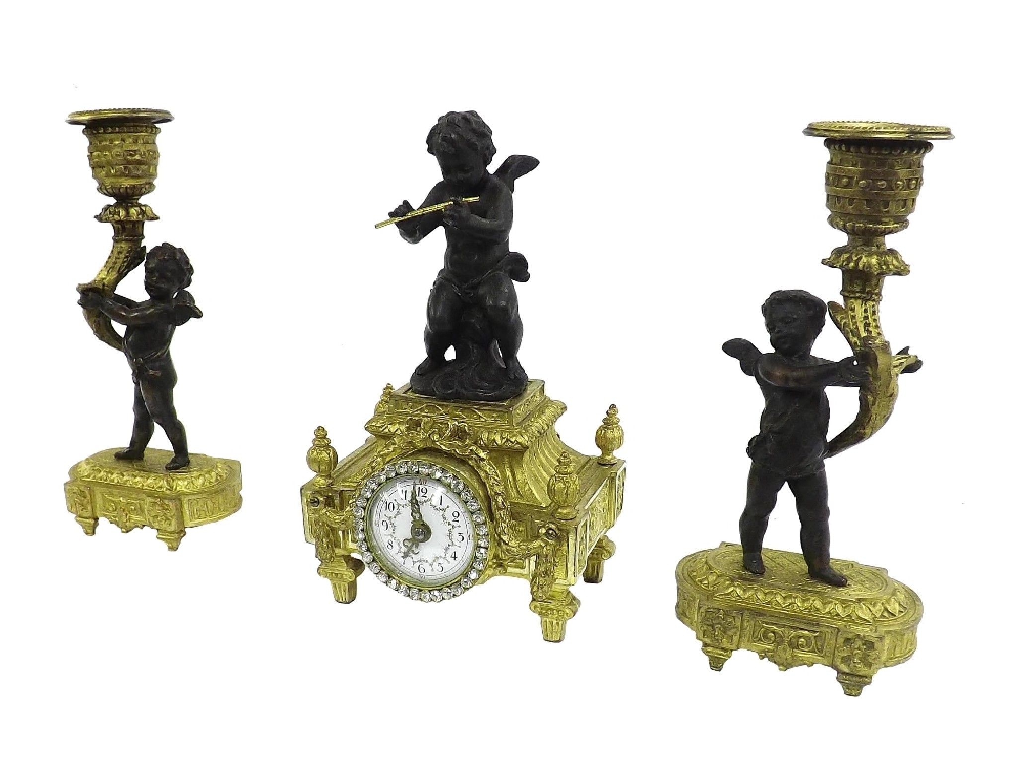 Appraisal: Decorative bronzed and gilt metal figural timepiece clock garniture the