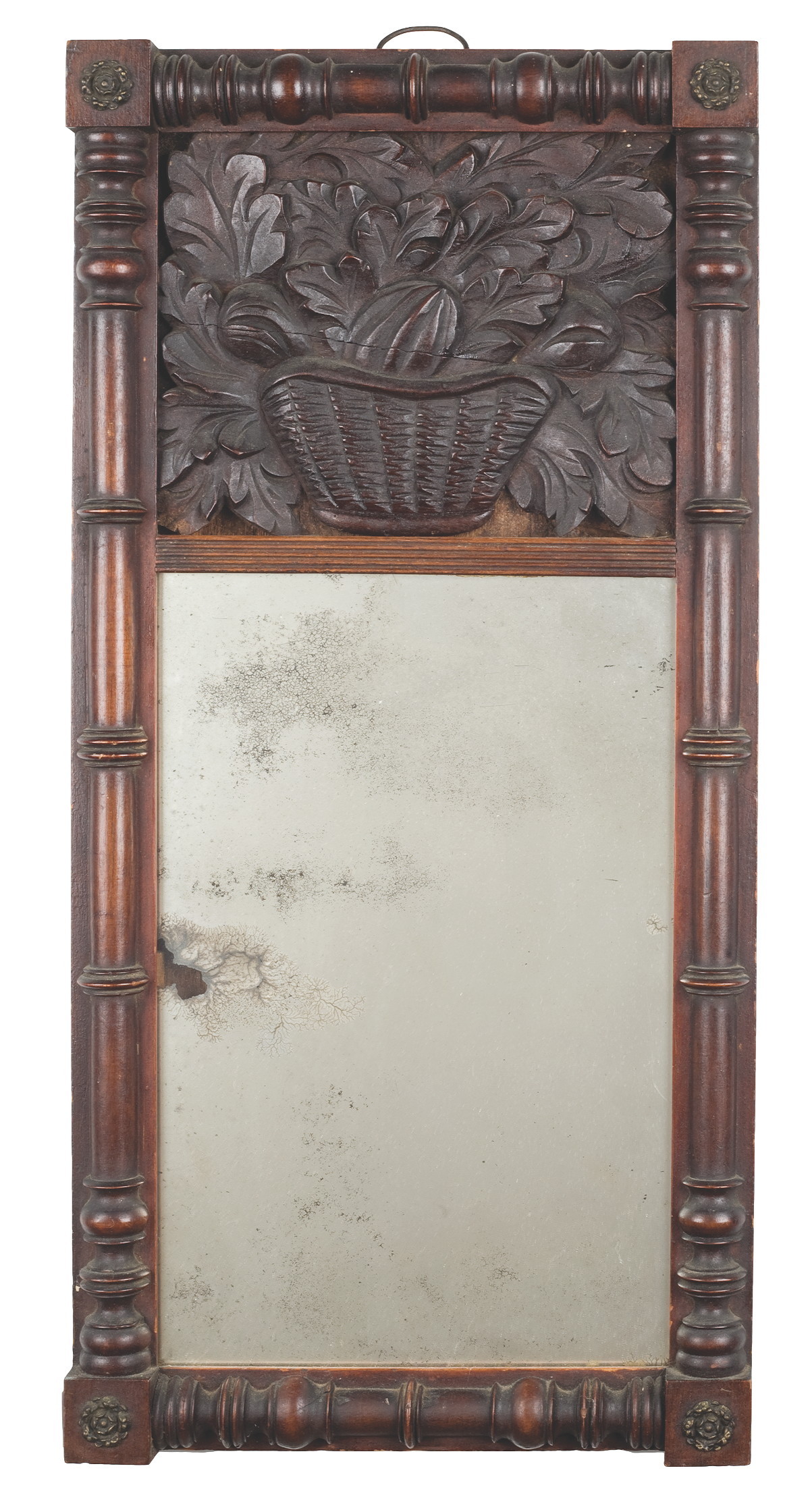 Appraisal: CLASSICAL MAHOGANY LOOKING GLASS WITH CARVED BASKET OF FRUIT HALF-COLUMNS