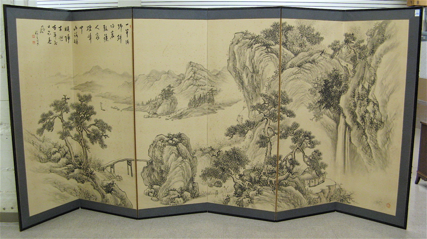 Appraisal: SIX-FOLD LANDSCAPE PAPER SCREEN Japanese late Meiji early Showa period