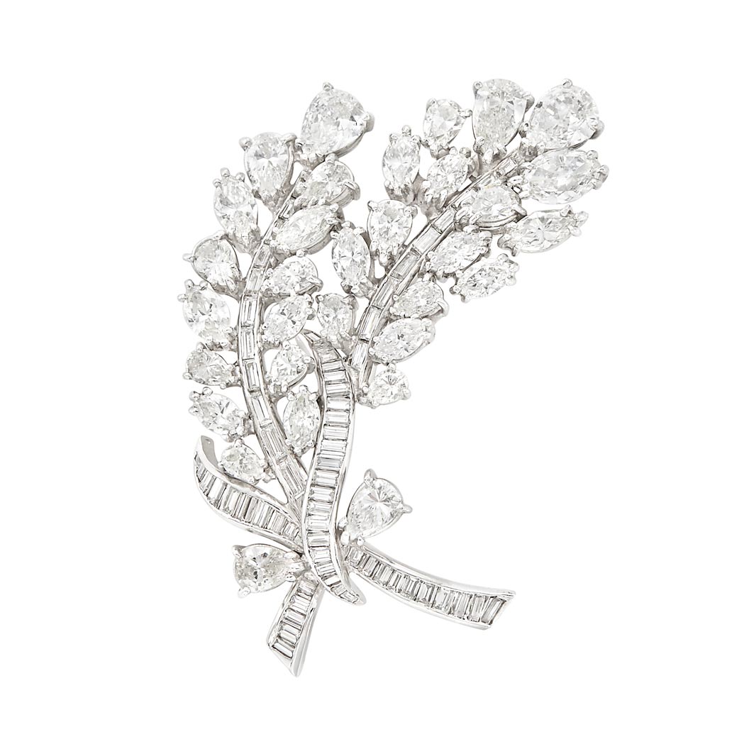 Appraisal: Platinum and Diamond Brooch pear marquise-shaped diamonds ap cts baguette