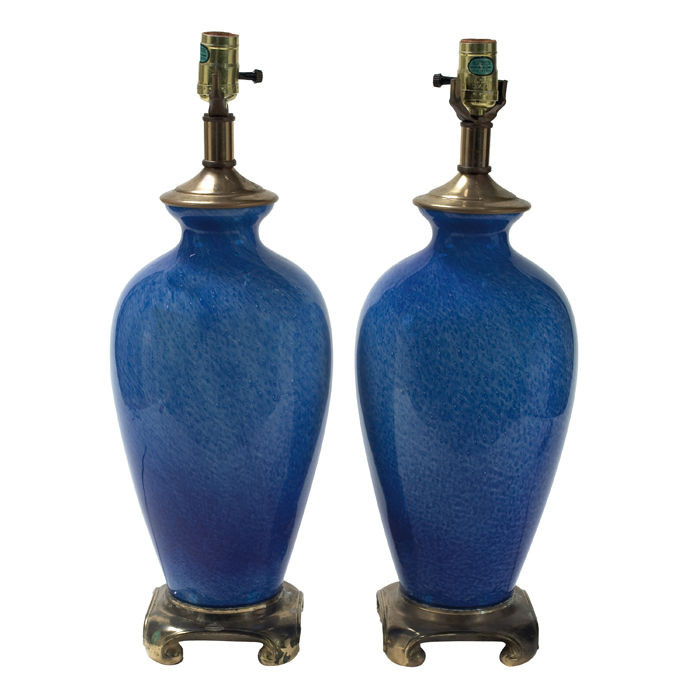 Appraisal: French glass lamps blue glass metal base and fittings no