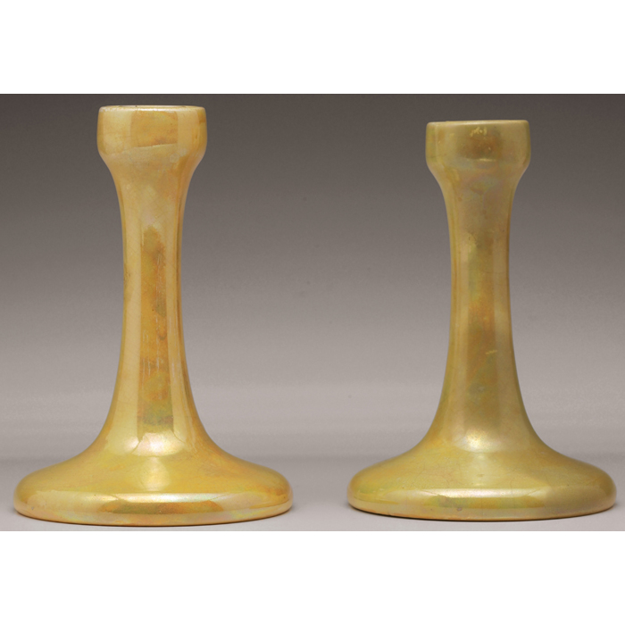 Appraisal: Ruskin candlesticks pair covered in a yellow luster glaze with