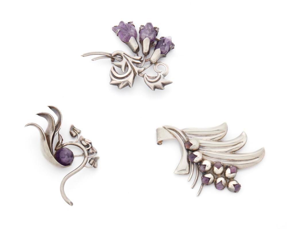 Appraisal: Three Fred Davis silver and amethyst brooches Second-quarter th Century