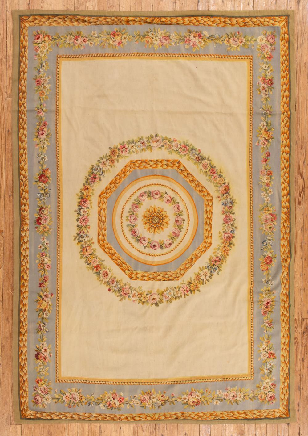 Appraisal: Aubusson-Style Carpet sage green and blue ground central medallion foliate