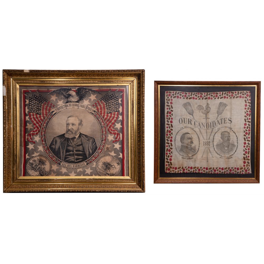 Appraisal: POLITICAL THEMED PORTRAIT TEXTILES items including c Benjamin Harrison Protection