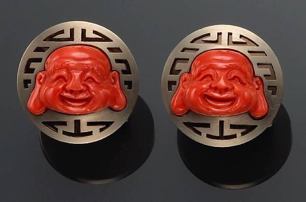 Appraisal: Pair of Carved Coral Cufflinks Carved in the form of