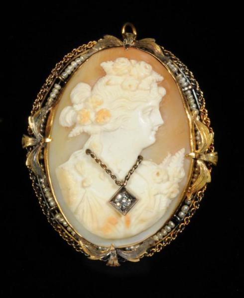 Appraisal: Antique K Yellow Gold Cameo Brooch Description Seed pearl setting