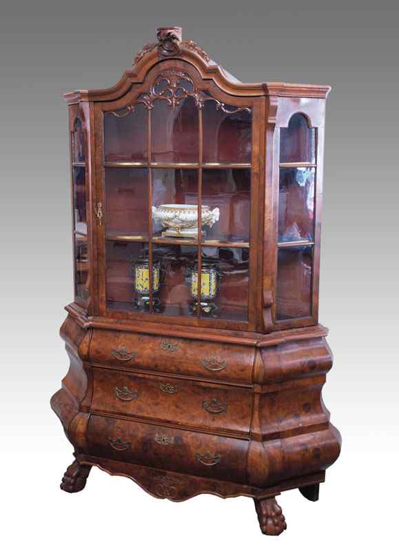 Appraisal: DUTCH VENEER DISPLAY CABINET ON STAND With arched crest with