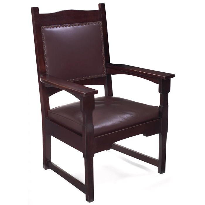 Appraisal: Gustav StickleyBungalow armchair variation on in mahogany with a shaped