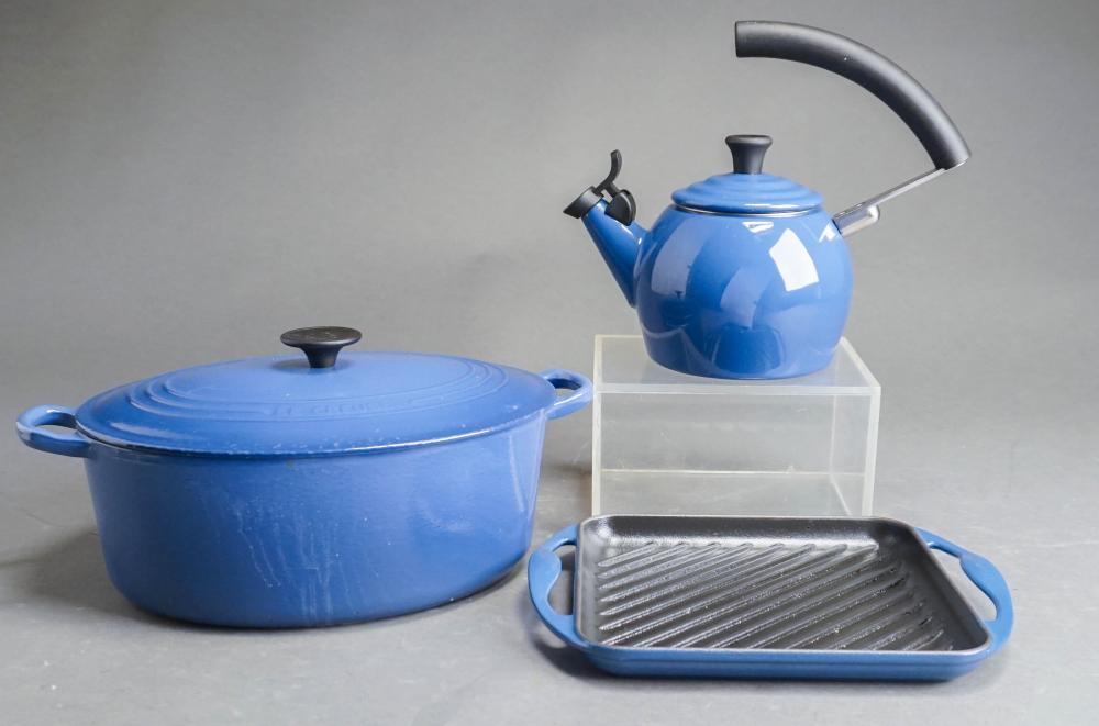 Appraisal: LE CREUSET ENAMEL LIDDED CASSEROLE TEA KETTLE AND GRIDDLELe Creuset