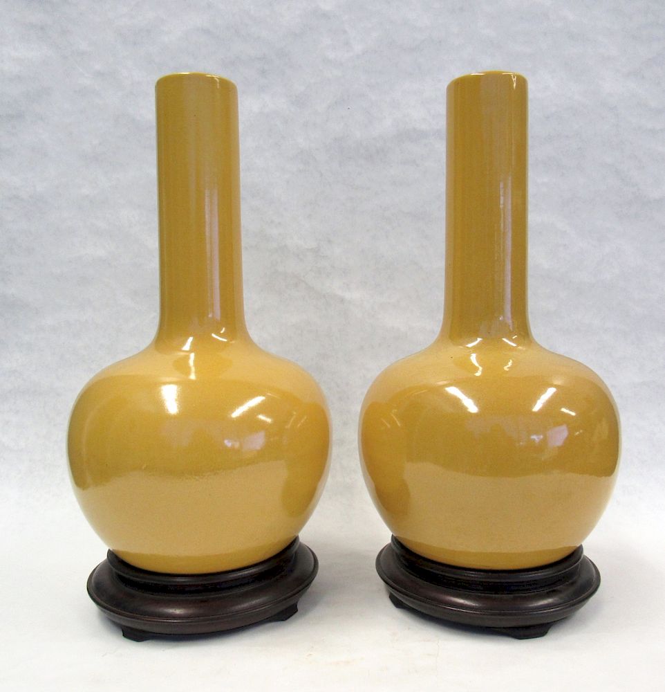 Appraisal: Pair of Modern Mustard Yellow Bottle Vases With matching wooden