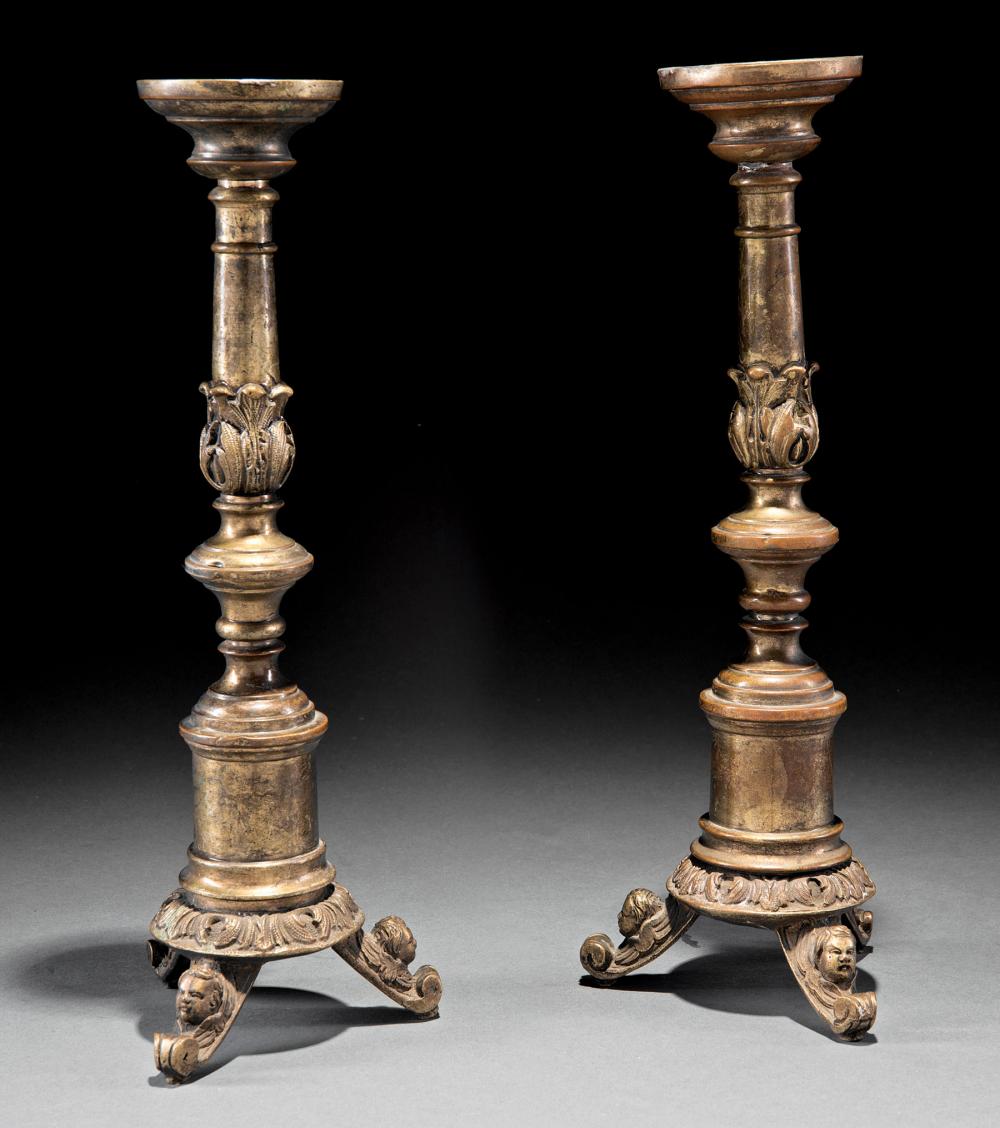 Appraisal: Pair of French Bronze Candlesticks th c acanthus and turned