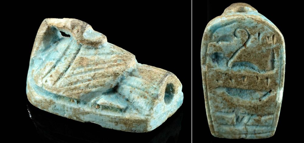 Appraisal: Egyptian Faience Goose Amulet w Hieroglyphs Egypt Ptolemaic Period ca