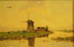 Appraisal: B Medema - Windmill and thatched cottage by a river