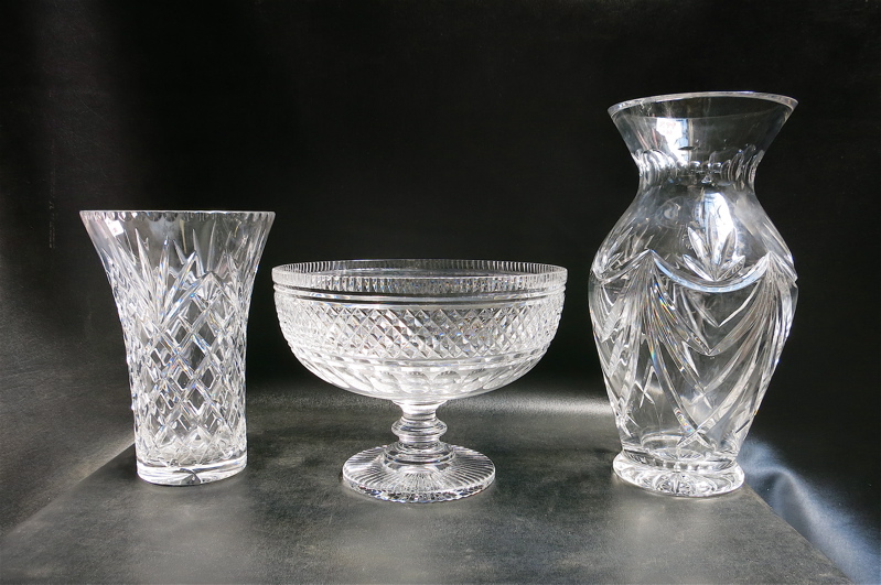 Appraisal: THREE IRISH CRYSTAL hand cut and engraved Waterford marked vase