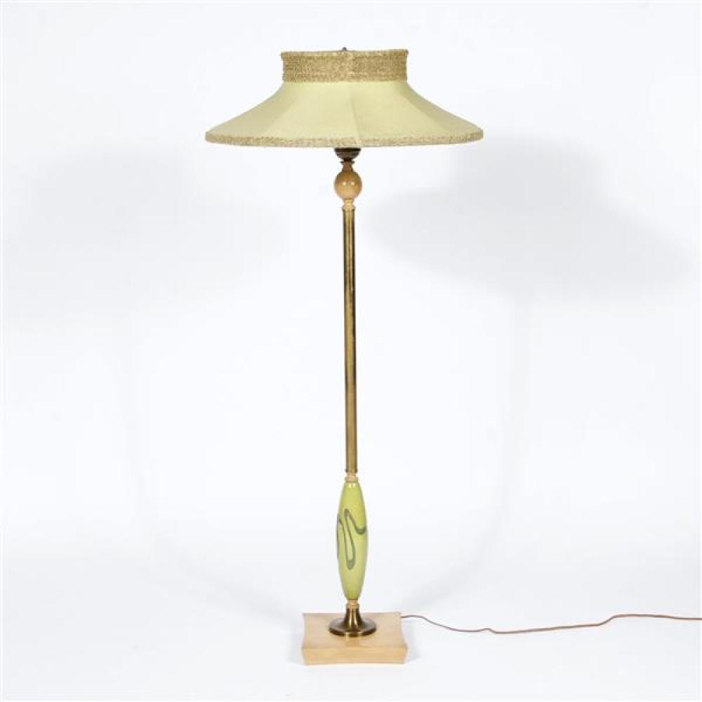 Appraisal: MID-CENTURY MOSS BRASS FLOOR LAMP WITH GREEN CERAMIC AND WOOD