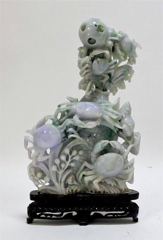 Appraisal: Chinese Carved Jadeite Statue of Carp Crabs Turtle China Qing